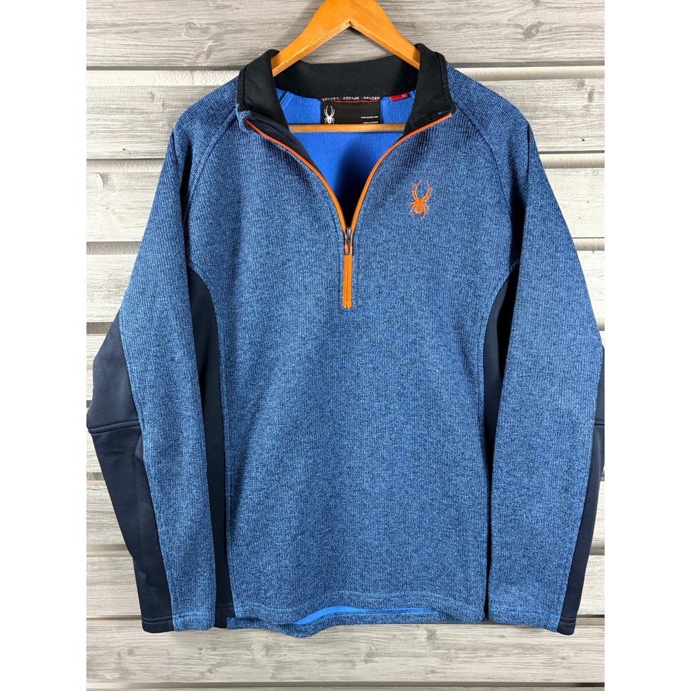 Spyder Mens XL/L Blue Quarter 1/4 Zip Fleece Pullover Sweater Orange Logo